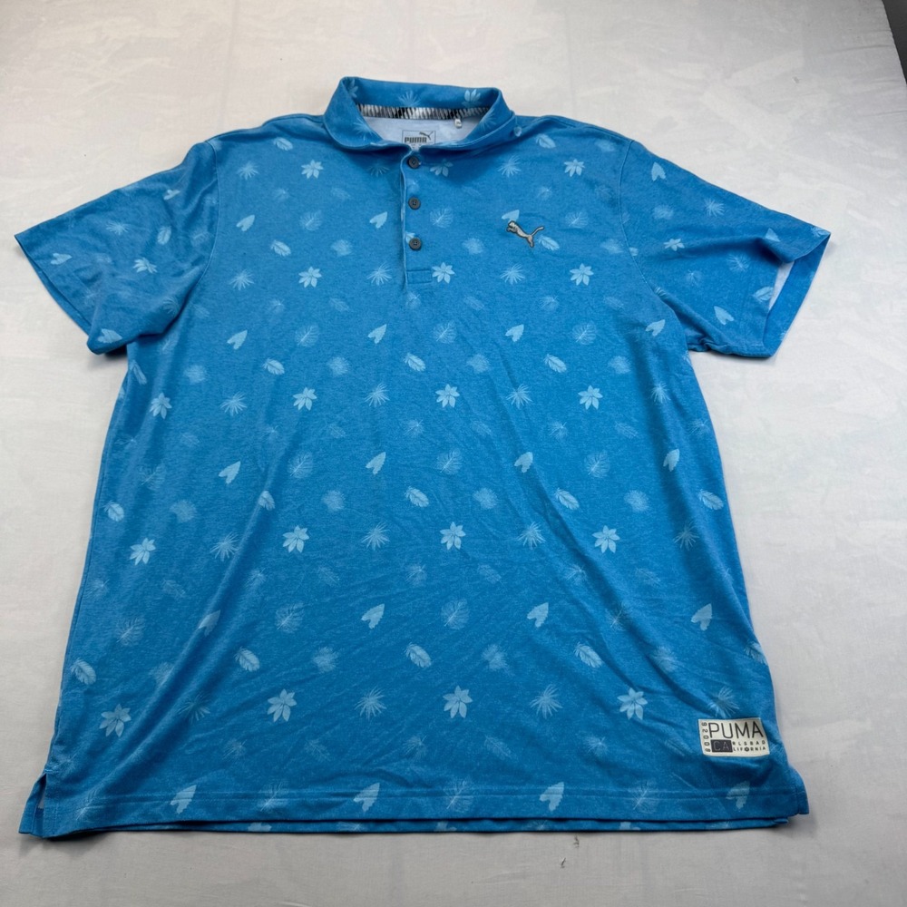 Puma Golf Polo Shirt Mens XL Blue Tropical Leaf Botanical Print Short Sleeve